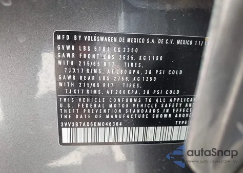 2019 Volkswagen Tiguan 2.0T Se/2.0T Sel/2.0T Sel R-Line/2.0T Sel R-Line Black z USA, uszkodzony, nr VIN 3VV3B7AX6KM046364